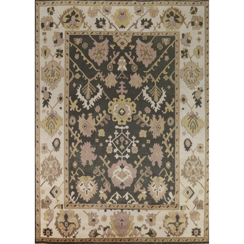 Charcoal Ivory Oushak Indian Area Rug Hand-Knotted Wool Carpet - 9'0" x 11'9"