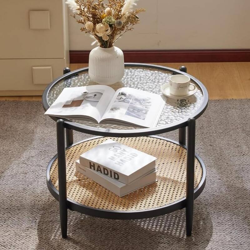 25.59in Double-Layered Circular Rippled Glass + PE Rattan Panel, Black Iron Frame Coffee Table