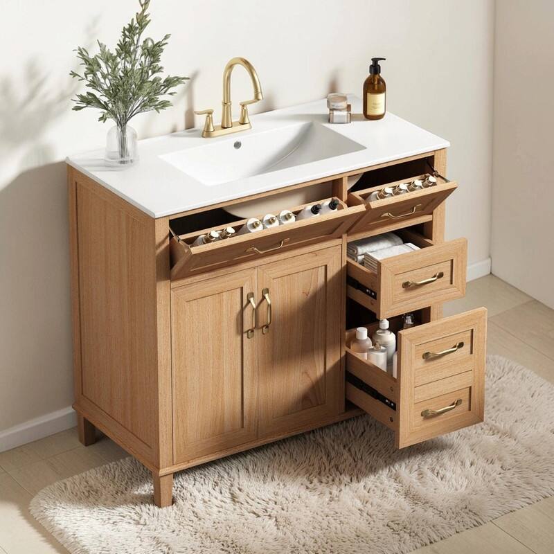 36 Inch Bathroom Vanity with Ceramic Sink, Modern Wood Grain Cabinet with Solid Rubberwood Legs, Soft-Close Doors & 4 Drawers