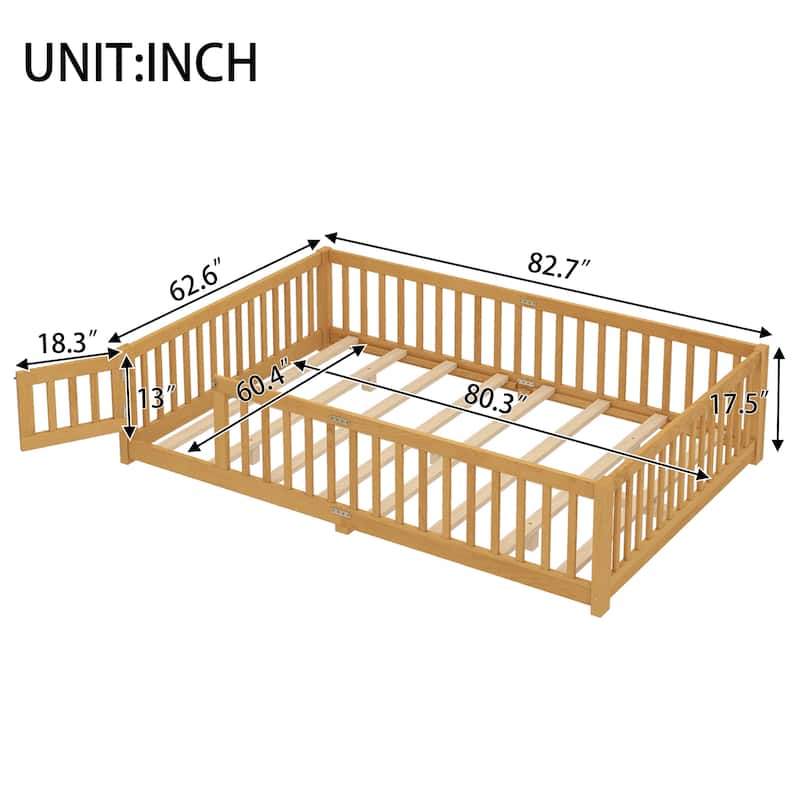 Montessori Toddler Floor Bed with Fence and Switchable Door, Low Profile Bed Frame with Removable Slats, Safe Transition Bed