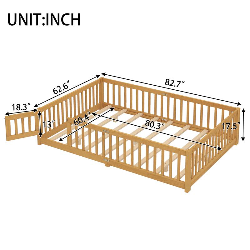 Queen Size Bed Floor Bed with Safety Guardrails and Door for Kids