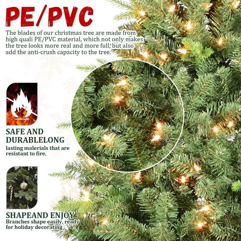 5FT Pre-Lit Christmas Tree with 300 UL Warm White Lights-Classic Green Tree with 967 PE+PVC Tips, Hinged Branches for Easy Setup