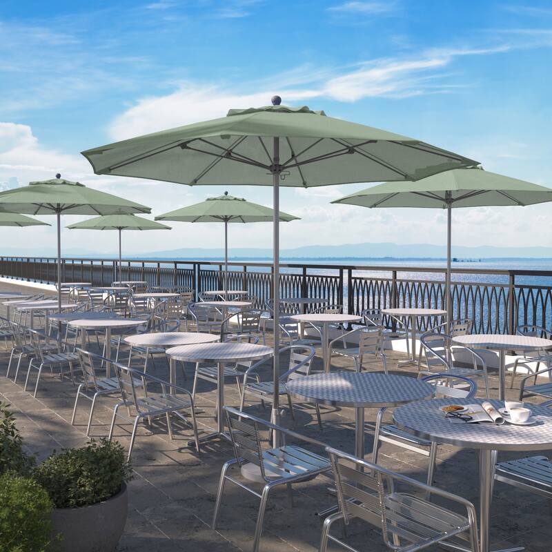 California Umbrella 9' Rd. Aluminum Frame, Fiberglass Rib Patio Umbrella, Push Open,Anodized Silver Finish, Sunbrella Fabric