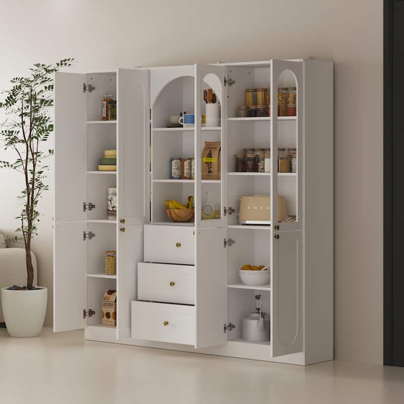 Elegant White Buffet: Arched Design, Glass - door Display & Spacious Storage