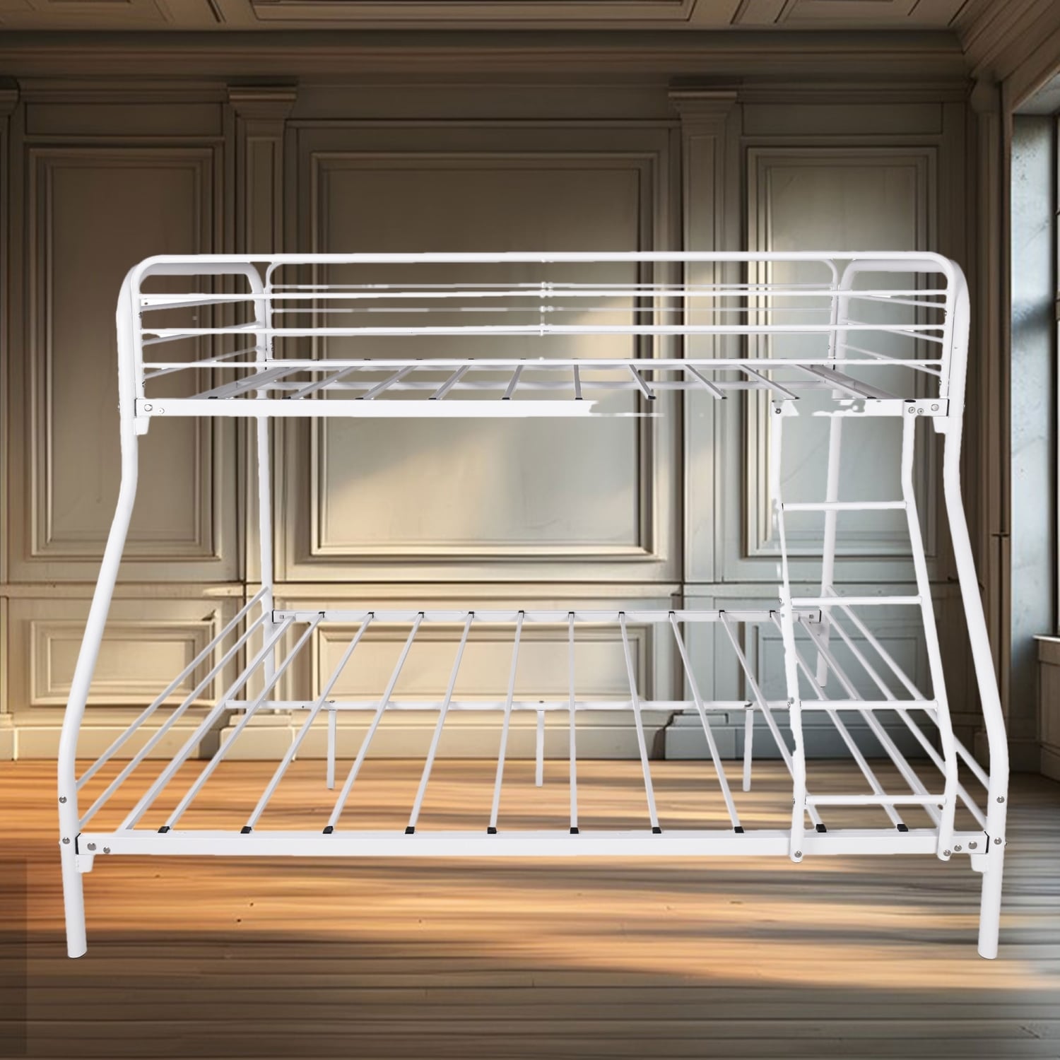 Twin Over Full Metal Bunk Bed - Heavy Duty, Full Guardrails, Safety Ladder, White, No Box Spring Needed