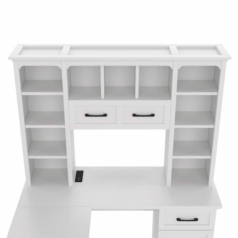 L-Shaped Computer Desk with 2 Cabinets, 2 Drawers, 11 Open Shelves and a Flip-Up Shelf with Storage on the Right Side