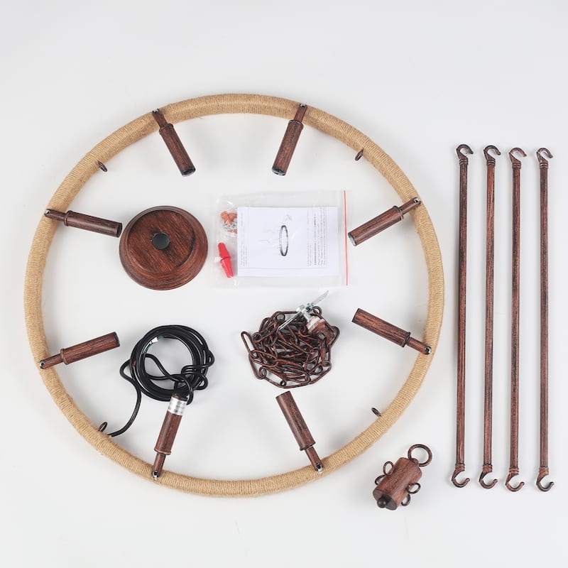 8-Light Rustic Hemp Rope Wagon Wheel Chandelier, Classic Farmhouse Chandelier for Dining Living Room - W23.62"x H20.47"