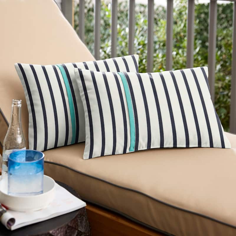 Sorra Home Sunbrella Outdoor Single Petite Flange Pillow Set of 2 - Sunbrella - Lido Indigo/Canvas Aruba - 12 in H x 24 in W x 6 in D