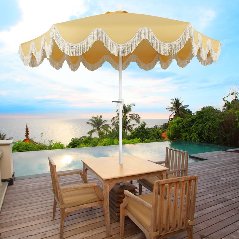 9ft Tassel Patio Umbrella Auto-Tilt, Crank , by JONATHAN Y - Mustard Yellow/Cream