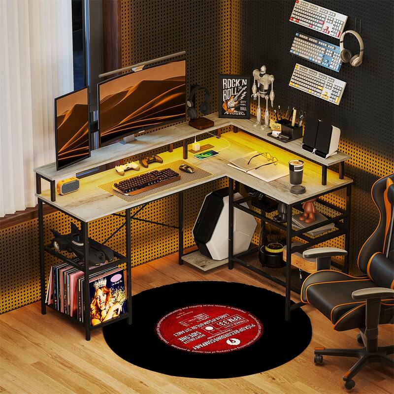 Shaped Desk with RGB LED Light USB Charging Ports Ergonomic Monitor Stands and Storage Shelves Sturdy Corner Office Workstation