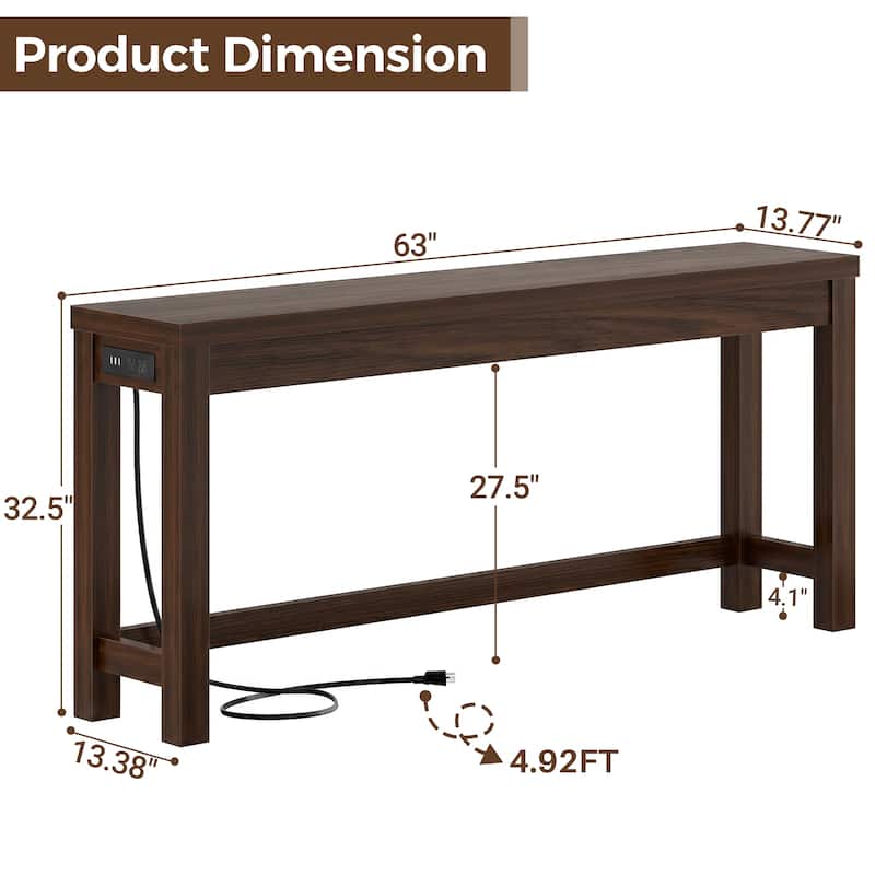 63-In Console Table with Charging Station, Farmhouse Entryway Table/ Behind Couch Table
