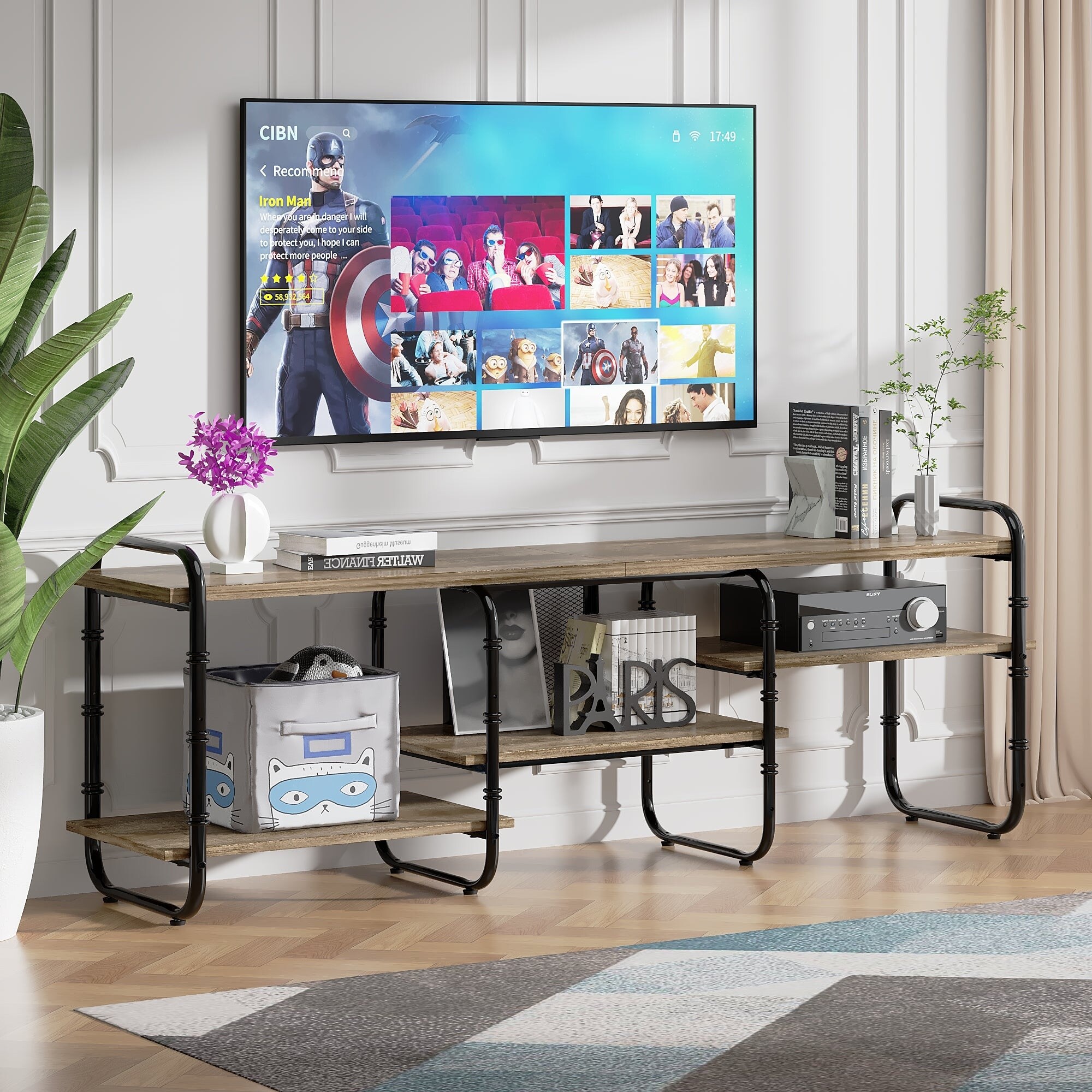 VECELO 55/63/71 Inch Industrial TV Stand with Open Storage for TV up to 71 inch Entertainment Center TV Console Table