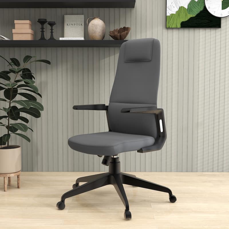 Nexa Ergonomic Leather/Polyester High-Back Office Chair with Padded Headrest, Adjustable Height, Swivel, and Smooth Casters