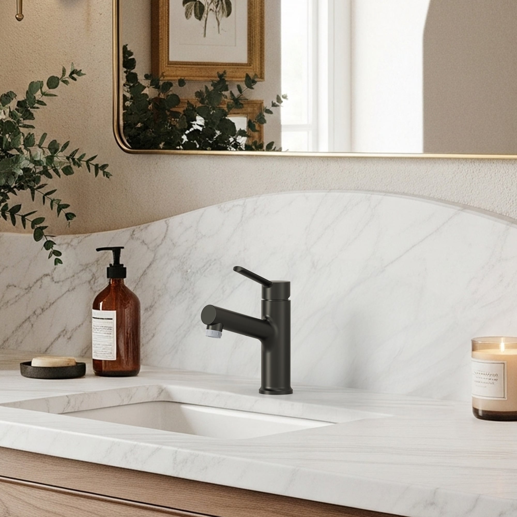 Pull Out Single Hole Bathroom Faucet with Pop‑Up Drain Retractable Single Handle Sink Faucet