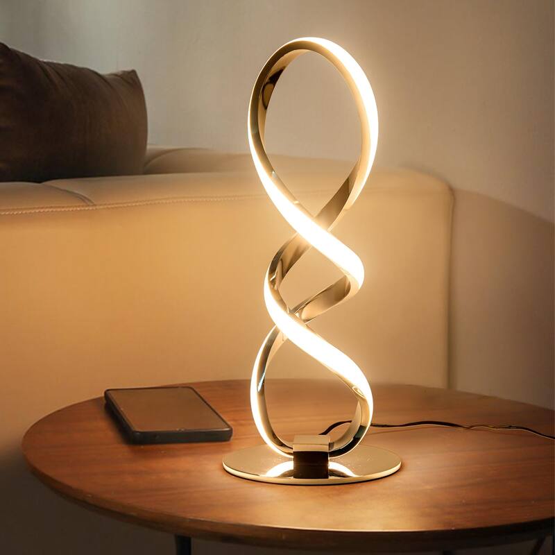 LED Modern Table Lamp, Small Unique Bedside Spiral Lamp Stepless Dimmable Silver Nightstand 12W, 3200K Warm White Desk Lamp