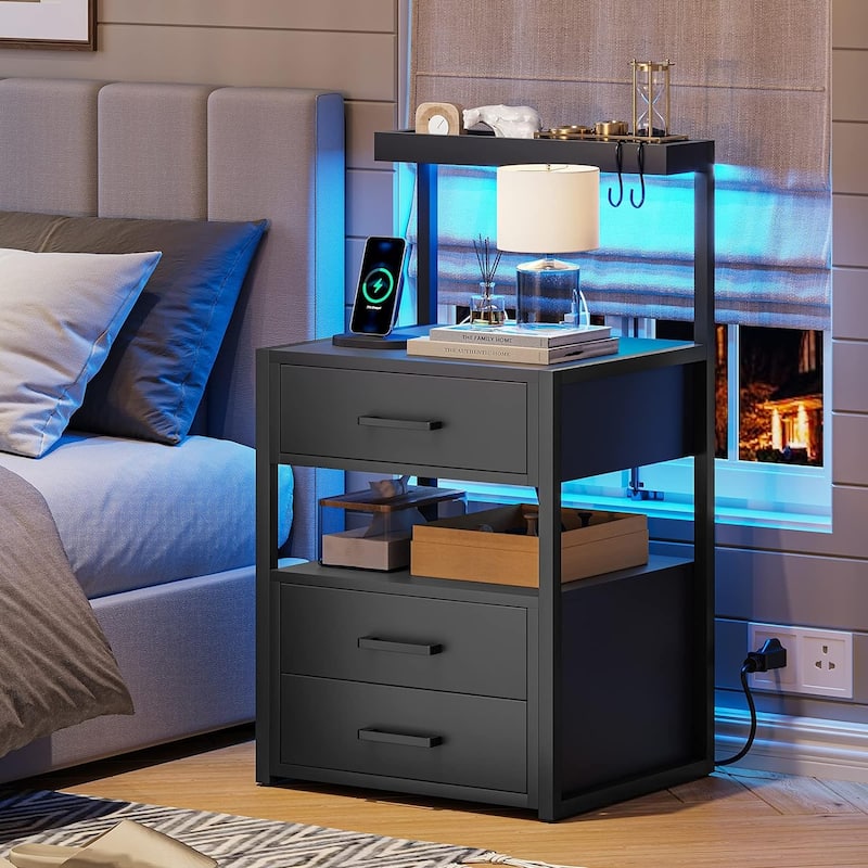 Nightstand Charging Station LED Lights End Table 3 Drawers