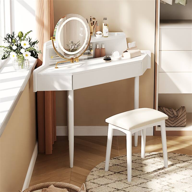 Corner Makeup Vanity with 360° Rotating LED Mirror - White