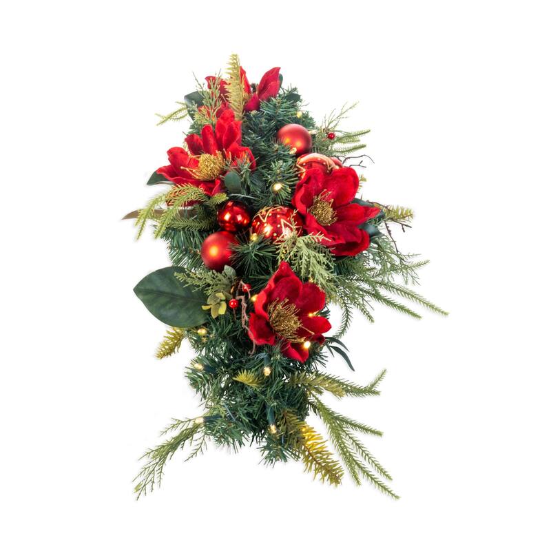 Pre-Lit LED Table Top Centerpiece Swag - Golden Leaf Red Magnolia - 36