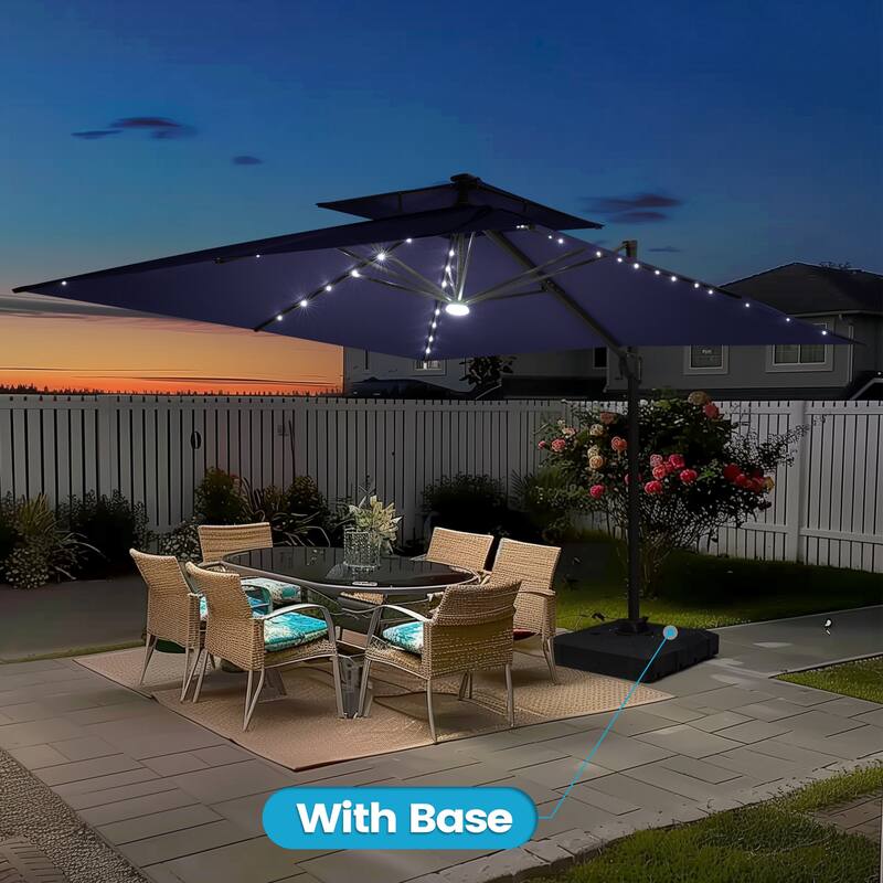 11FT Outdoor Patio Cantilever Umbrella with LED Lights Double Vented Umbrella with Base