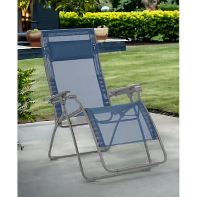 30" Blue and Gray Steel Outdoor Zero Gravity Chair with Blue Cushion