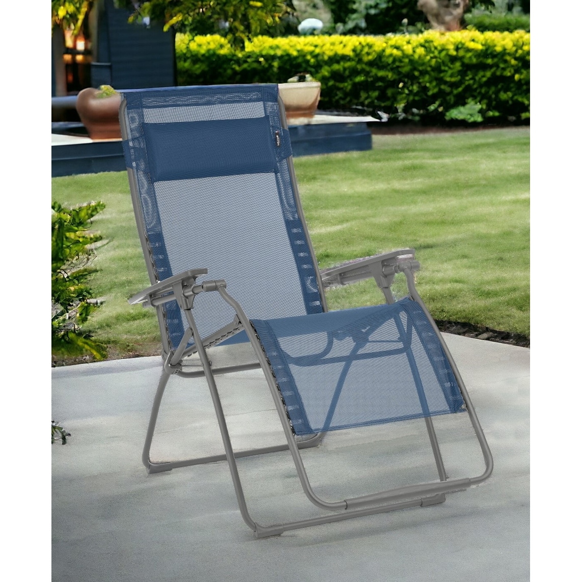 30" Blue and Gray Steel Outdoor Zero Gravity Chair with Blue Cushion