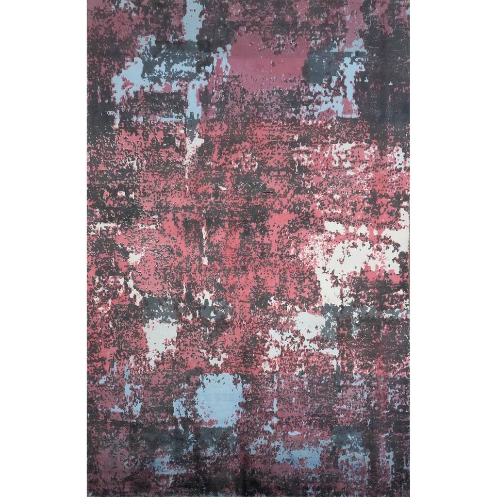 Hand Knotted Oriental Viscose Silk Carpet Modern Abstract Pink Abstract Area Rug - 7' 8'' X 5' 5''