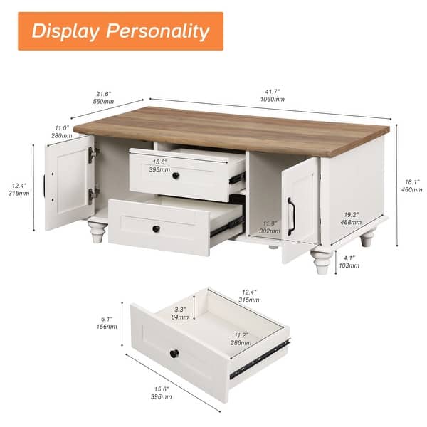 dimension image slide 1 of 2, Farmhouse Coffee Table with Cabinets & Drawers, Wooden Center Table