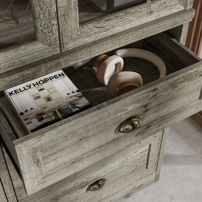 Buffet Cabinet with Glass Doors and Drawers Display Hutch Bookshevles Bookcase