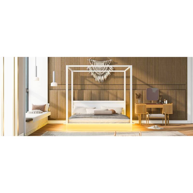 Roomfitters King Size Wooden Canopy Bed with LED Lighting, Modern Platform Bed Frame with Headboard, No Box Spring, White