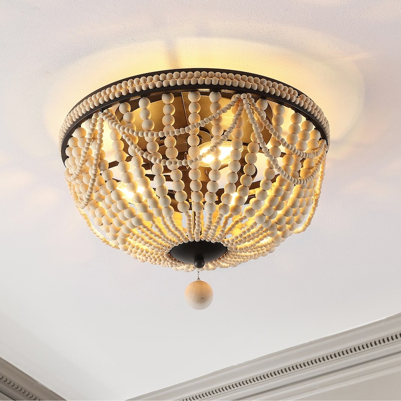 Elroy Wood Bead 15.25" 3-Light Bohemian Farmhouse Iron LED Semi Flush Mount, Oil Rubbed Bronze/Light Taupe by JONATHAN Y