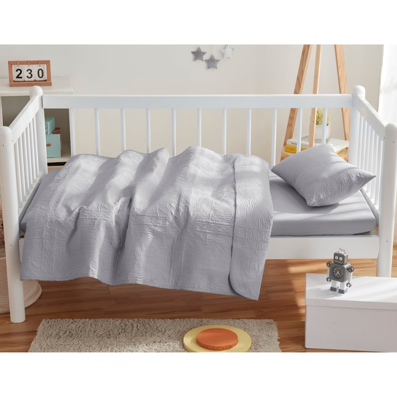 Clara Clark Grid Weave Toddler Bedding Set, 3PC Bedspread Set - All Season Quilted Comforter, Fitted Sheet, and Pillow Sham - Silver Gray
