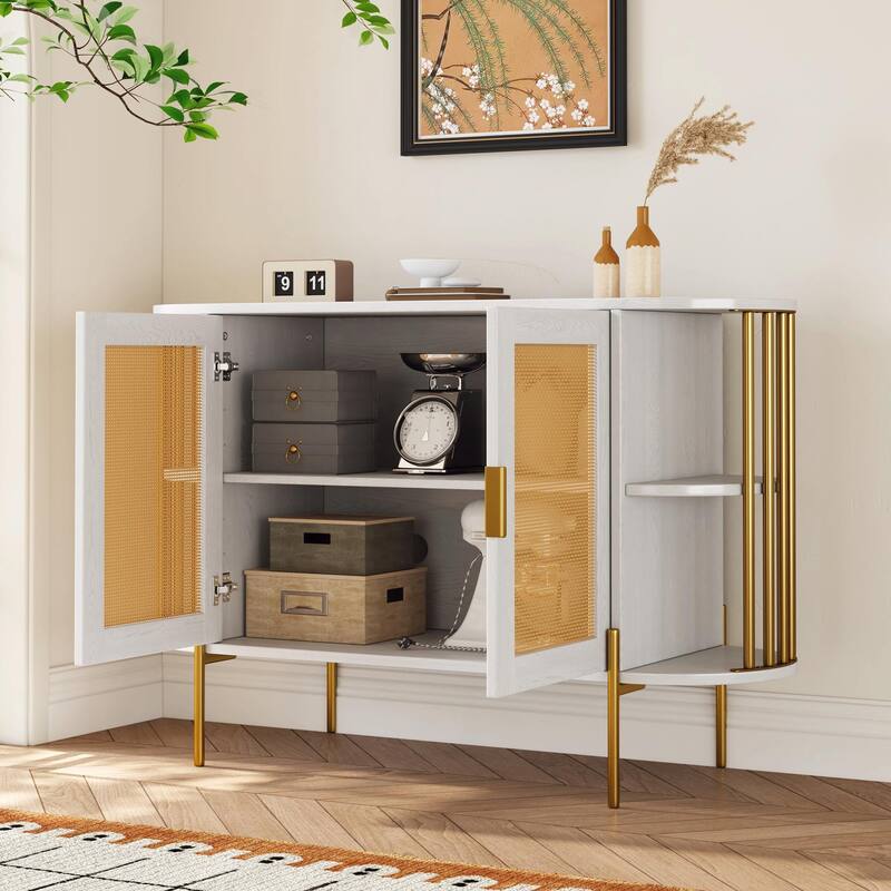 2-Door Curved Dining Cabinet - Elegant with Gold Trim and Woven Rattan Doors