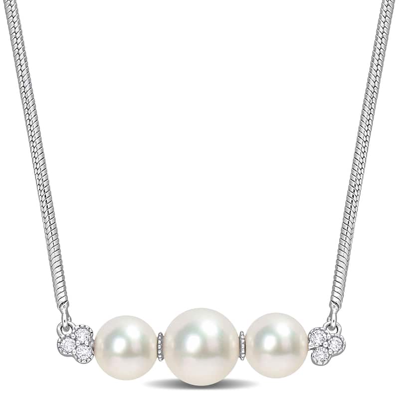 Miadora Cultured Freshwater Pearl and 1/5ct TGW White Topaz Bar Sterling Silver