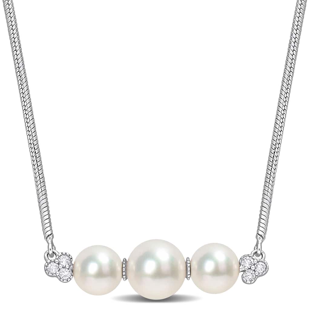 Miadora Cultured Freshwater Pearl and 1/5ct TGW White Topaz Bar Sterling Silver