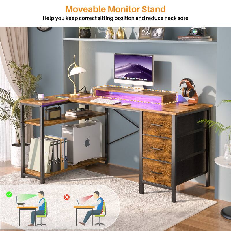 Reversible 53'' L Shaped Computer Desk with Power Outlets & LED Lights,Gaming Desk with 3 Drawers & Monitor Stand