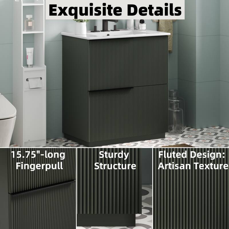 30" Bathroom Vanity with Ceramic Sink and Full-Extension Drawers, Soft Close Undermount Drawer Slides, Fluted Design, Natural