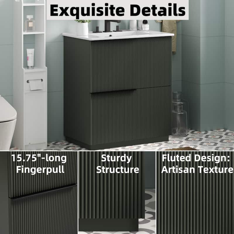 Bathroom Vanity with Ceramic Sink, Freestanding Wooden Bathroom Vanity, Bathroom Cabinet with Full-Extension Drawers