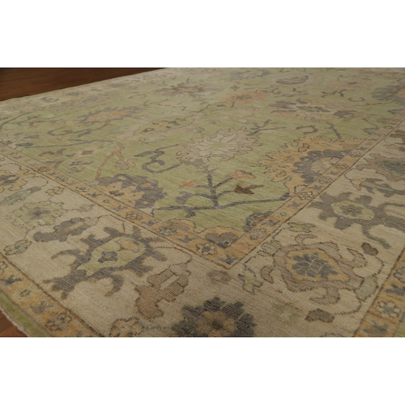 Hand Knotted Oriental 100% Wool Carpet Transitional All-Over Green Oushak Area Rug - 12' 1'' X 8' 11''