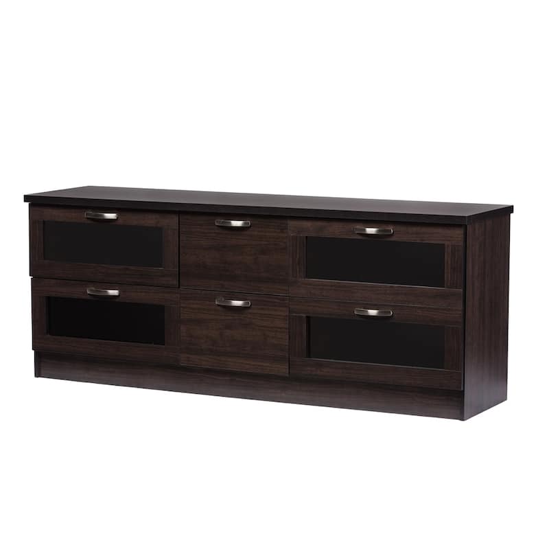 Adelino 63 Inches Dark Brown Wood TV Cabinet with 4 Glass Doors and 2 Drawers - 24.57"H x 62.4"W x 15.6"D