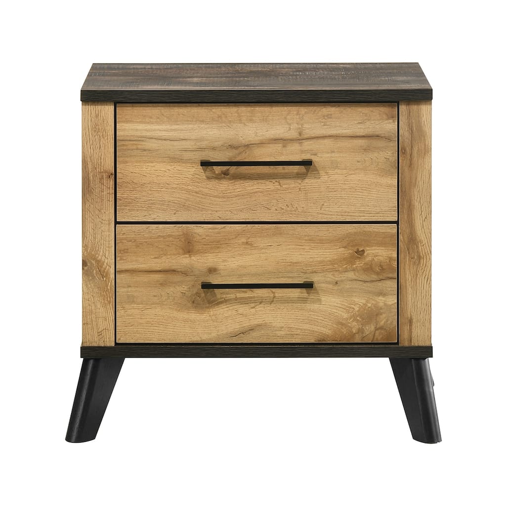 2 Drawers Wooden Nightstand with Metal Pull Handles in Natural Pine and Weathered Brown