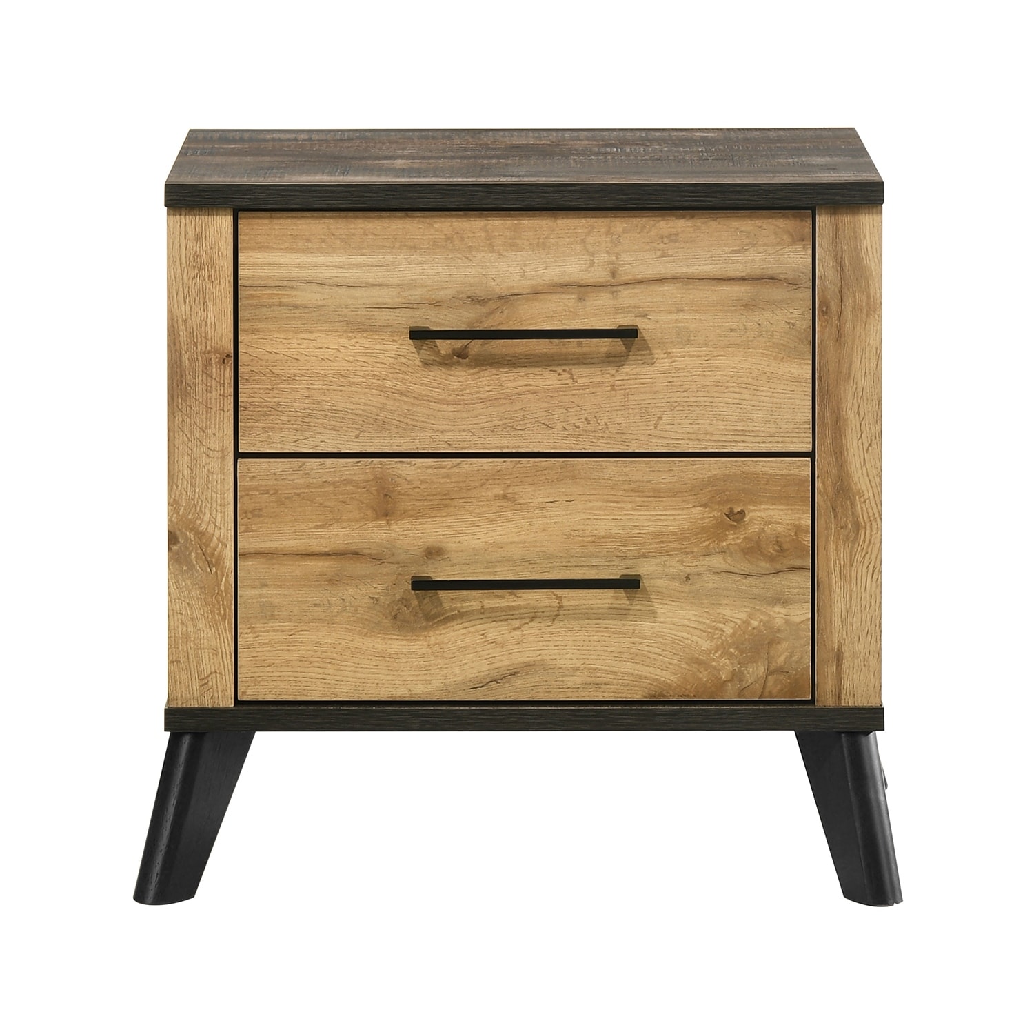 2 Drawers Wooden Nightstand with Metal Pull Handles in Natural Pine and Weathered Brown