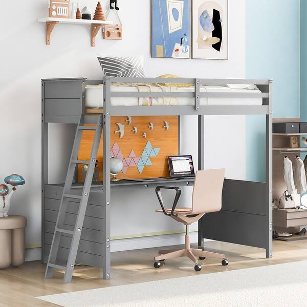 slide 2 of 17, Solid Construction Twin size Loft Bed with Desk and Writing Board, Wooden Loft Bed Grey