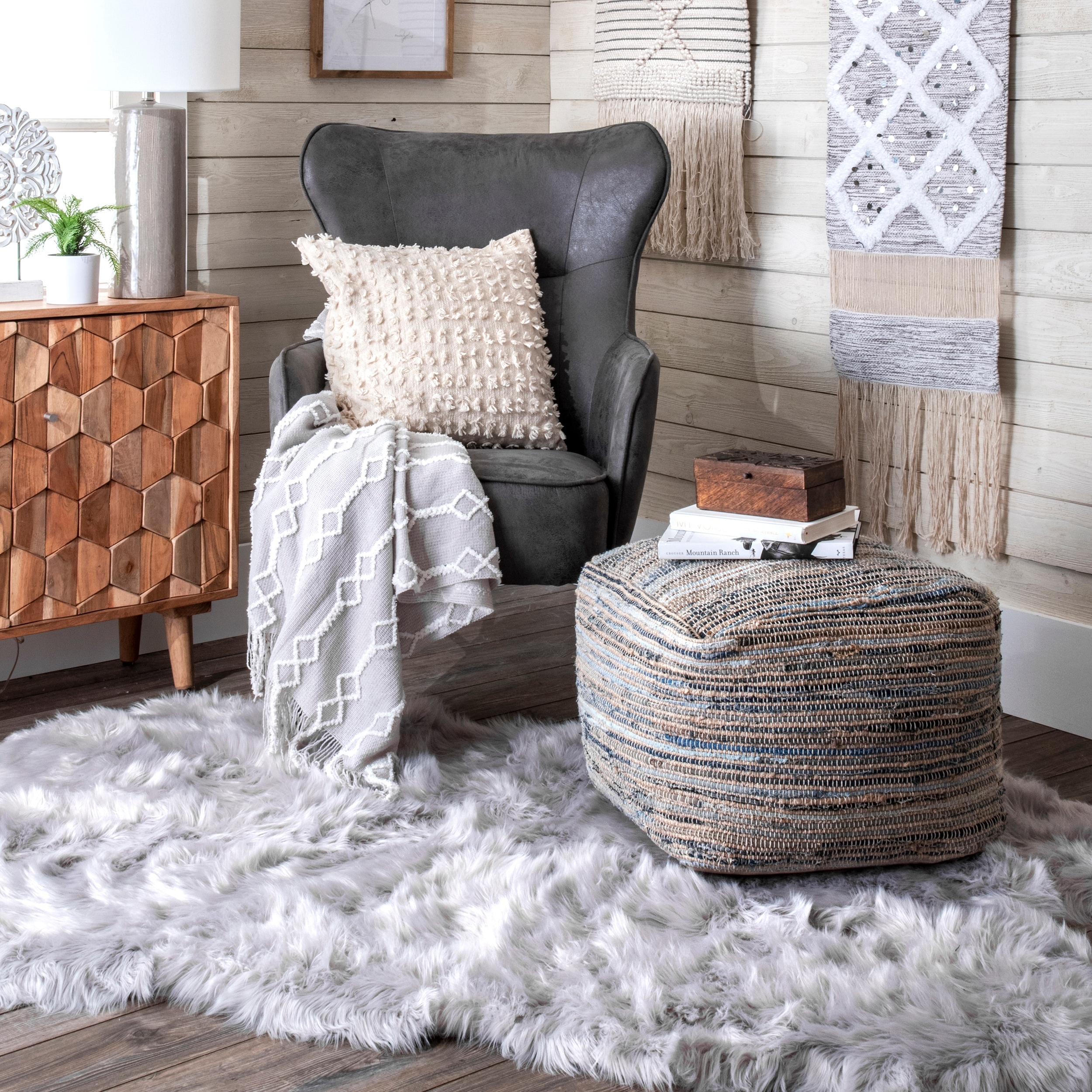 Granada Knitted Casual Denim and Jute Ottoman Pouf - Thumbnail 3