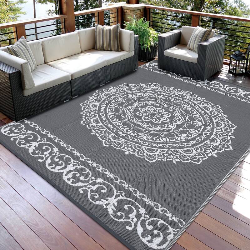 Outdoor Rug Reversible Patio Rug Plastic Straw Rug Waterproof Lightweight Rug - 9'x12' - Dark Gray