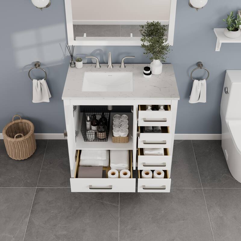Eviva Aberdeen 36"W x 22"D Bath Vanity with White Carrara Quartz Top
