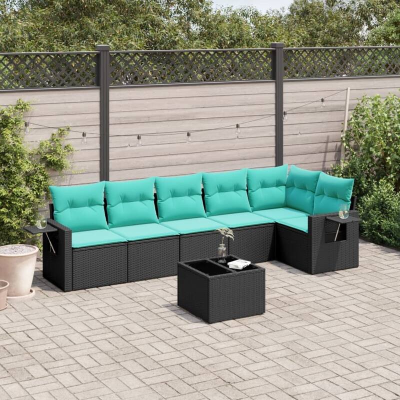vidaXL Patio Sofa Set with Cushions Outdoor Conversation Furniture Poly Rattan - 24.4 x 24.4 x 27.2 - Black and Blue-With table