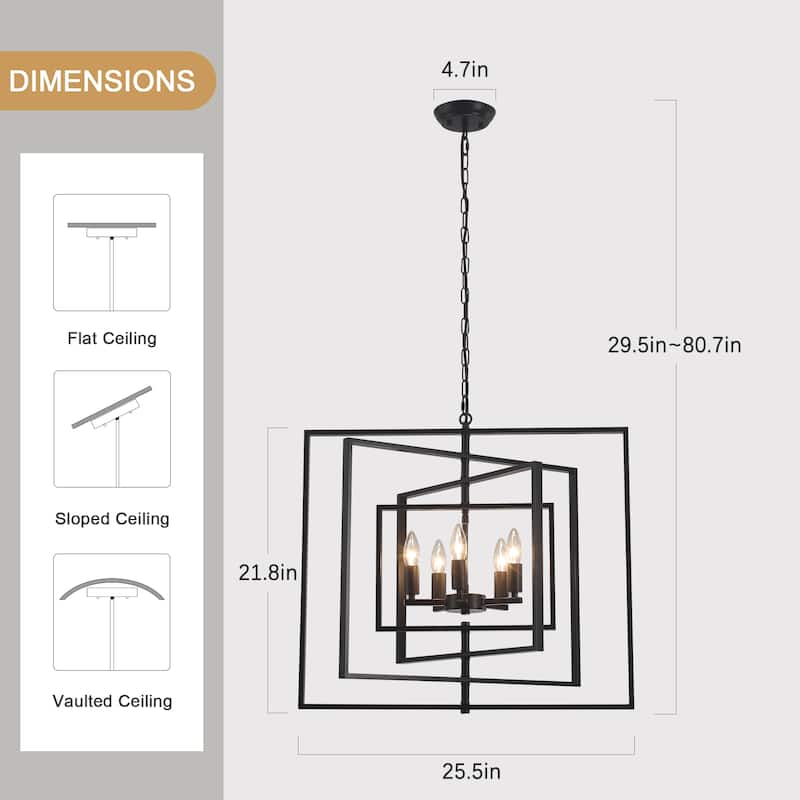 25.59inch 5 Lights Modern Chandelier with 4 Metal Frames 360 Degree Adjustable for Different Rooms
