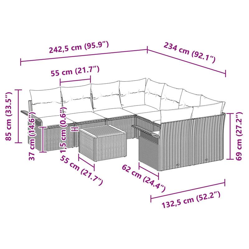 vidaXL 9 Piece Garden Sofa Set with Cushions - 95.9×92.1×27.2