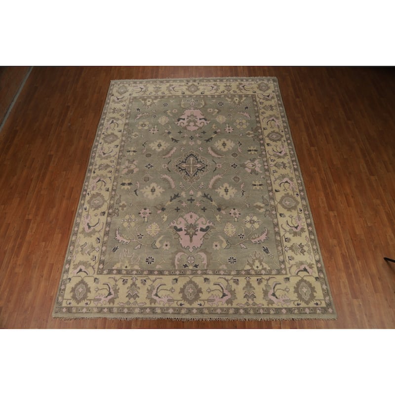 Transitional Oushak Indian Area Rug Handmade Green Wool Carpet - 9'0" x 12'0"