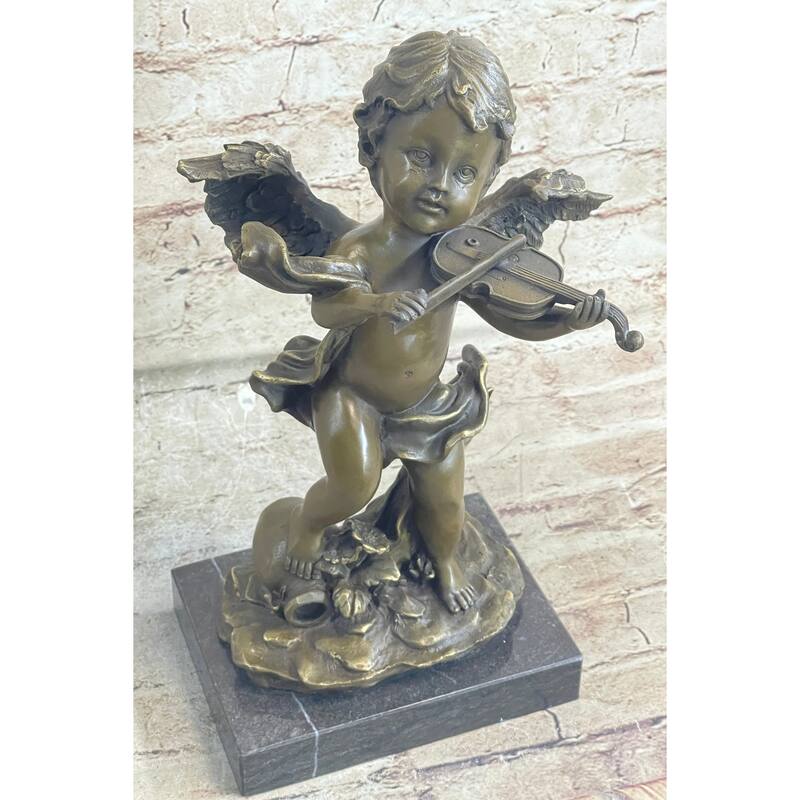 Cherub Child Angel Playing Violin Bronze Metal Statue Sculpture Memorial Decor Marble Base